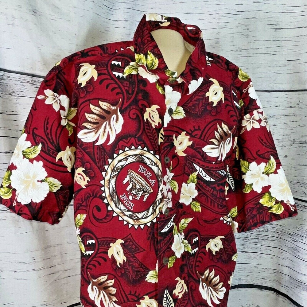 Zabu Men’s L Hawaiian Style Red Floral Aloha Camp Turtles BULA FIGI Pocket Shirt